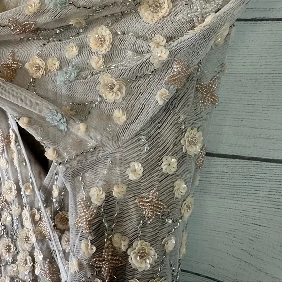 Mac Duggal size 16 Embellished Wrap Over Illusion Long Sleeve A Line Gown Gray - Picture 15 of 16